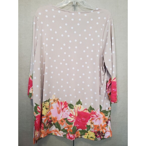 Susan Graver LiquidKnit Tan Polka Dot Floral V-Neck Tunic Size 1X Lagenlook - Picture 4 of 6